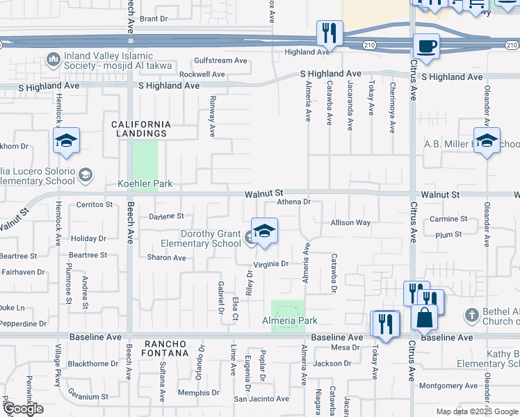 map of restaurants, bars, coffee shops, grocery stores, and more near 6936 Abigail Lane in Fontana