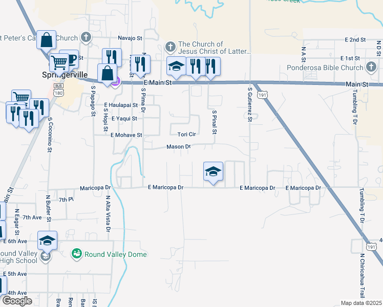 map of restaurants, bars, coffee shops, grocery stores, and more near 786 Mason Street in Springerville