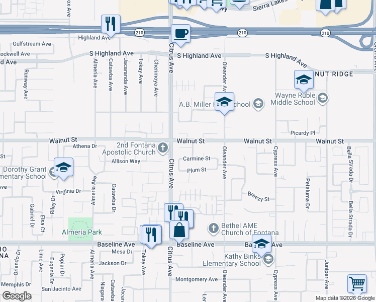 map of restaurants, bars, coffee shops, grocery stores, and more near 6929 Winter Night Avenue in Fontana