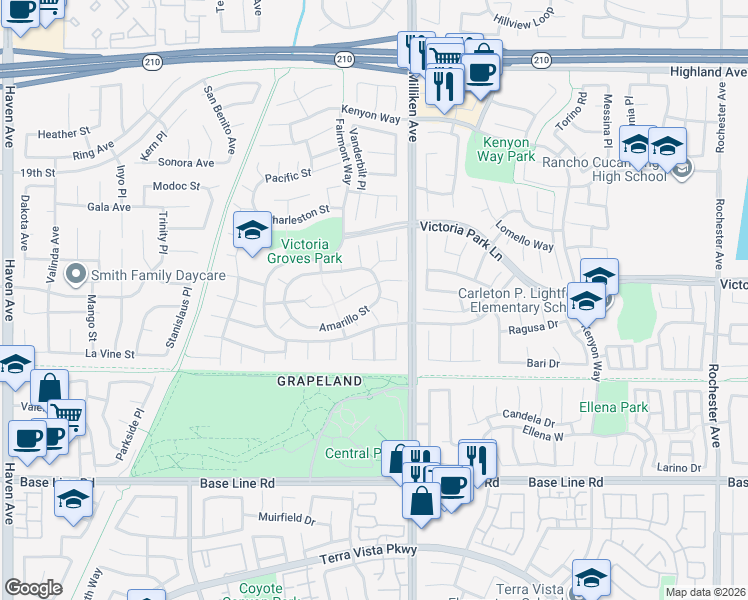 map of restaurants, bars, coffee shops, grocery stores, and more near 11254 Gannon Street in Rancho Cucamonga