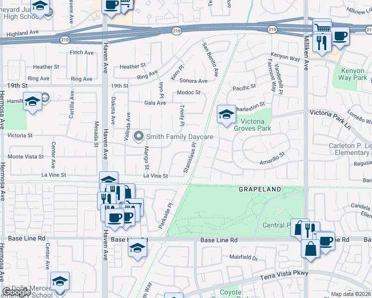 map of restaurants, bars, coffee shops, grocery stores, and more near 6952 Stanislaus Place in Rancho Cucamonga