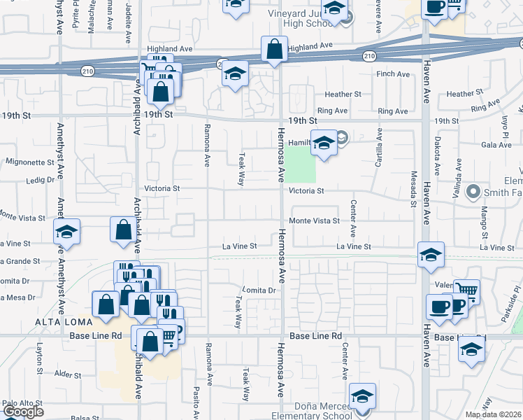 map of restaurants, bars, coffee shops, grocery stores, and more near 6948 Cambridge Avenue in Rancho Cucamonga