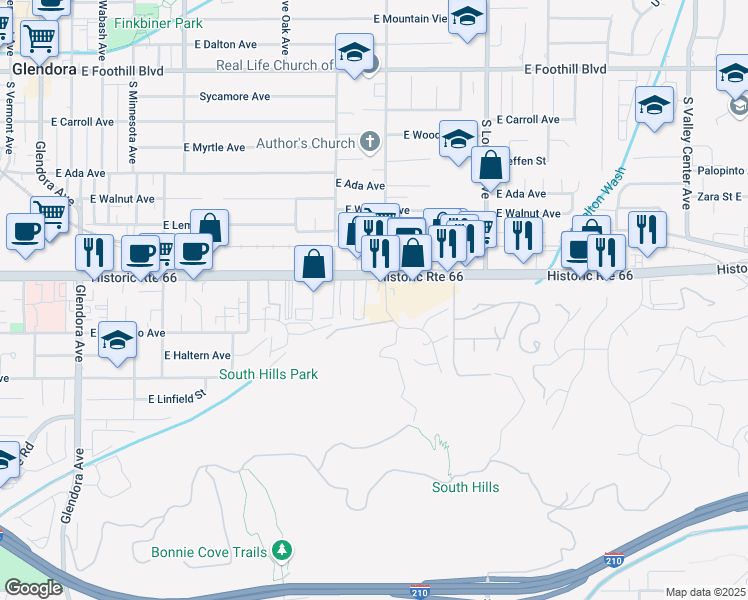 map of restaurants, bars, coffee shops, grocery stores, and more near 862 East Route 66 in Glendora
