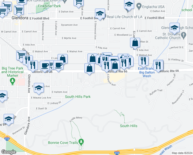 map of restaurants, bars, coffee shops, grocery stores, and more near 826 East Route 66 in Glendora