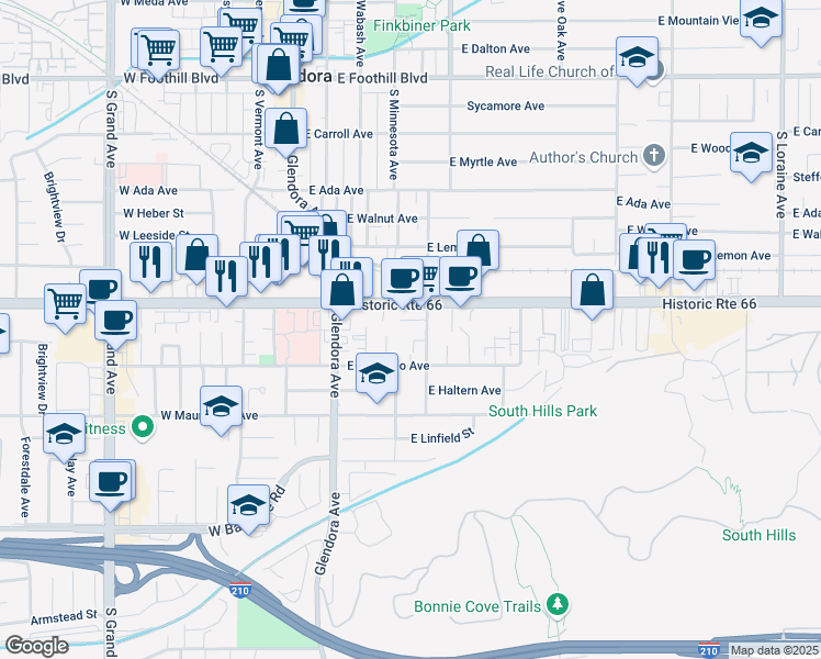 map of restaurants, bars, coffee shops, grocery stores, and more near 633 South Pasadena Avenue in Glendora