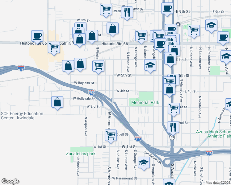 map of restaurants, bars, coffee shops, grocery stores, and more near 702 West 4th Street in Azusa