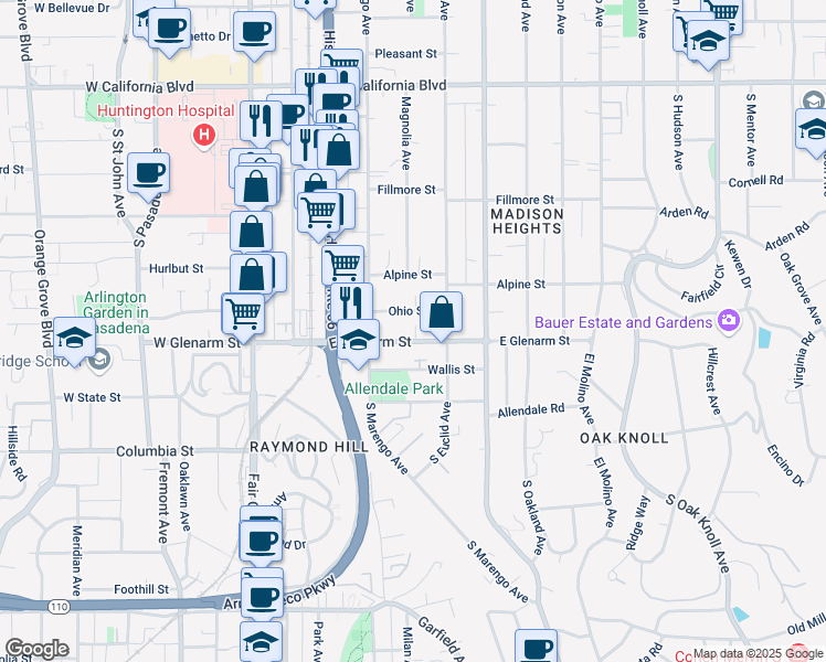 map of restaurants, bars, coffee shops, grocery stores, and more near 273 East Glenarm Street in Pasadena