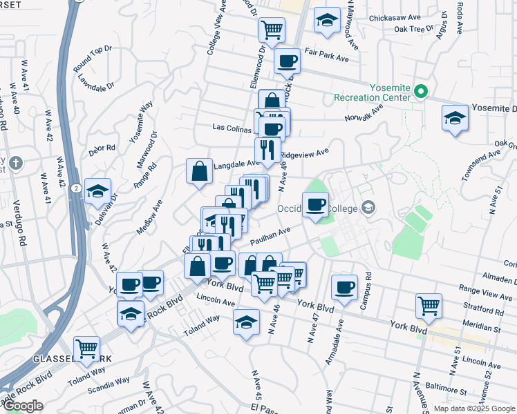 map of restaurants, bars, coffee shops, grocery stores, and more near 4615 Eagle Rock Boulevard in Los Angeles