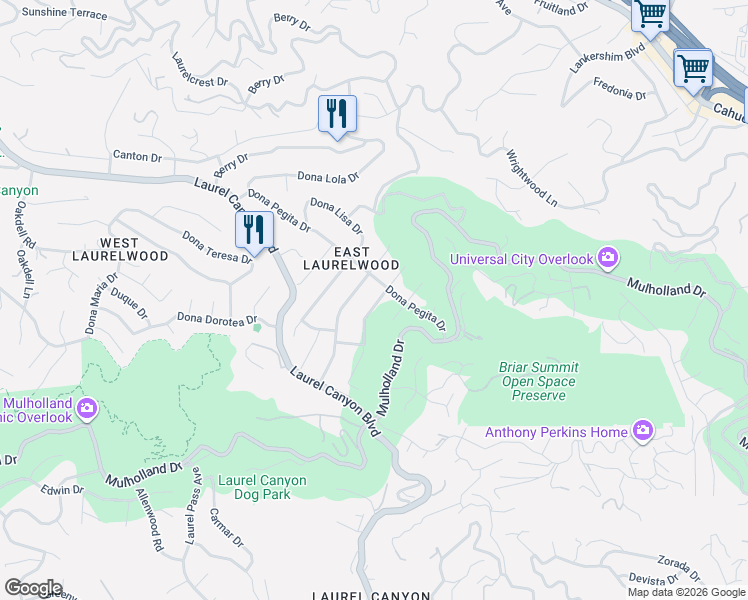 map of restaurants, bars, coffee shops, grocery stores, and more near 3109 Dona Susana Drive in Los Angeles