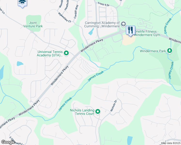 map of restaurants, bars, coffee shops, grocery stores, and more near 4615 Wildener Way in Cumming