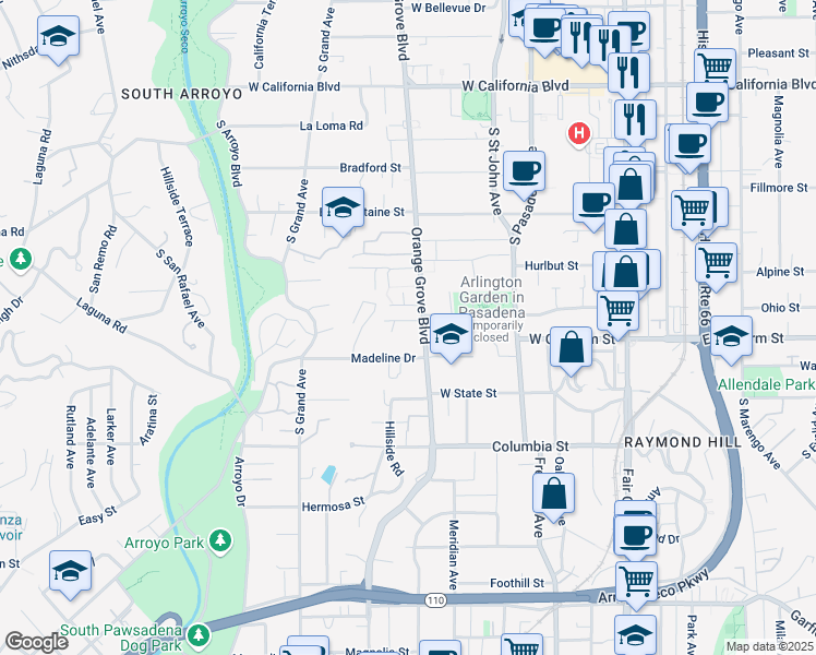 map of restaurants, bars, coffee shops, grocery stores, and more near 1045 South Orange Grove Boulevard in Pasadena