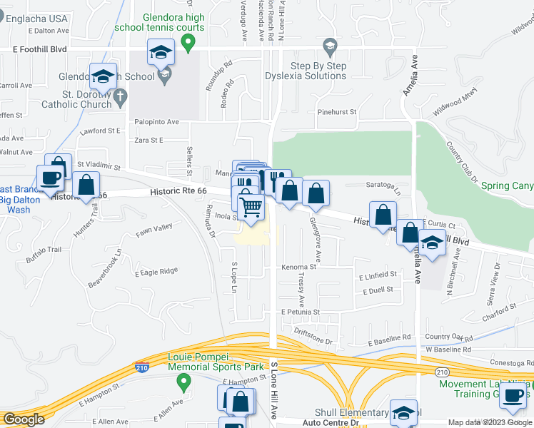 map of restaurants, bars, coffee shops, grocery stores, and more near 625 South Lone Hill Avenue in Glendora