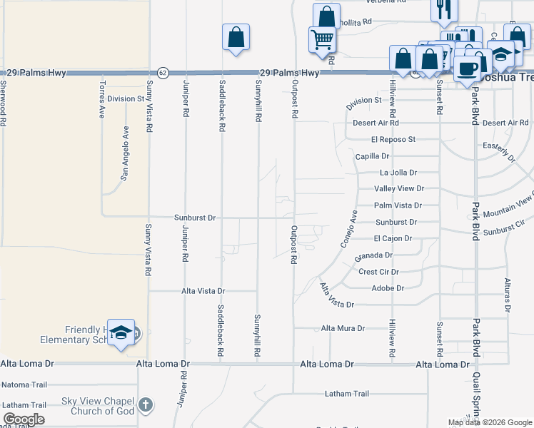 map of restaurants, bars, coffee shops, grocery stores, and more near 6885 Sunnyhill Road in Joshua Tree