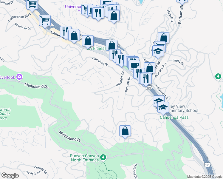 map of restaurants, bars, coffee shops, grocery stores, and more near 3180 Oakshire Drive in Los Angeles