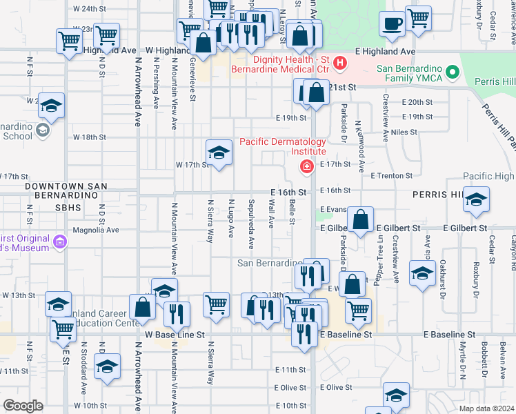 map of restaurants, bars, coffee shops, grocery stores, and more near 1555 Sepulveda Avenue in San Bernardino