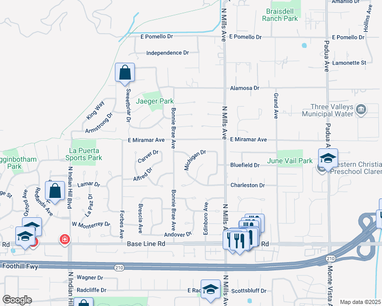 map of restaurants, bars, coffee shops, grocery stores, and more near 347 Indiana Avenue in Claremont