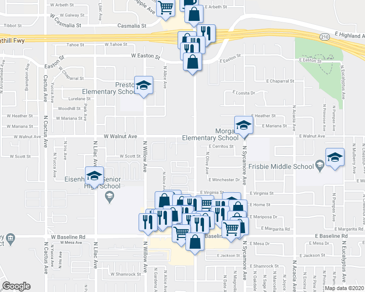 map of restaurants, bars, coffee shops, grocery stores, and more near 1551 North Palm Avenue in Rialto