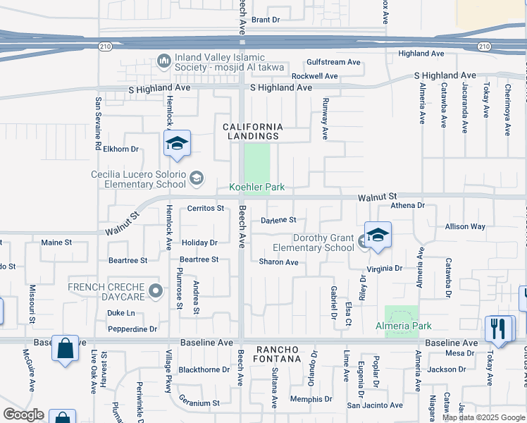 map of restaurants, bars, coffee shops, grocery stores, and more near 6940 Janet Street in Fontana