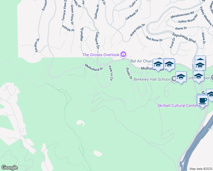map of restaurants, bars, coffee shops, grocery stores, and more near 16601 Park Lane Circle in Los Angeles