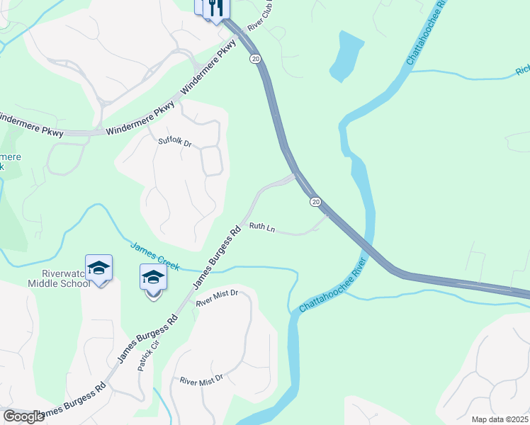 map of restaurants, bars, coffee shops, grocery stores, and more near 90 Ruth Lane in Cumming