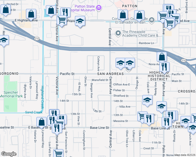 map of restaurants, bars, coffee shops, grocery stores, and more near 26814 Mansfield Street in Highland