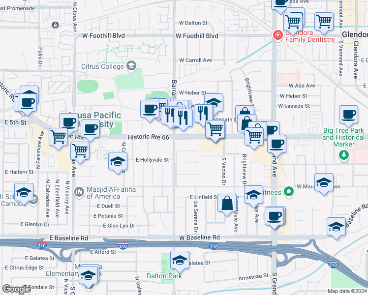 map of restaurants, bars, coffee shops, grocery stores, and more near 825 West Bagnall Street in Glendora