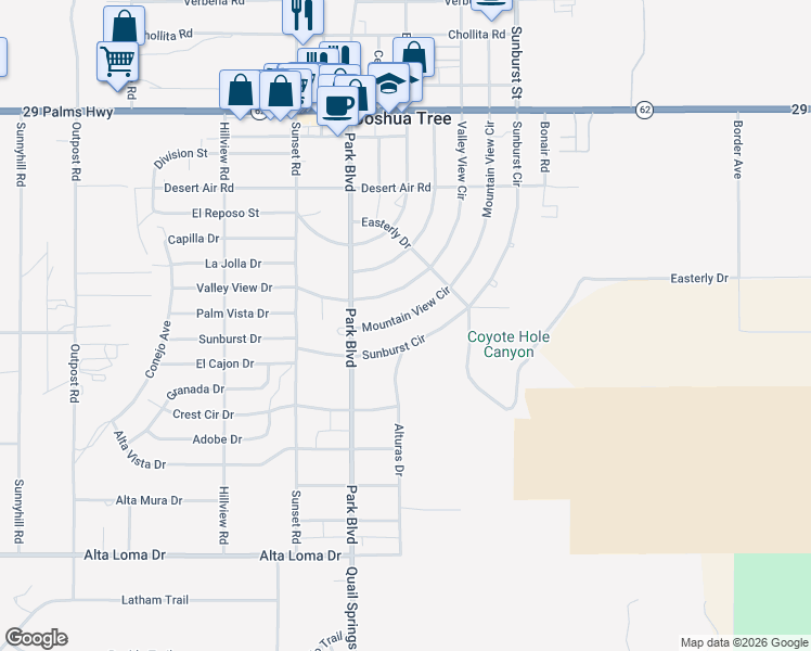 map of restaurants, bars, coffee shops, grocery stores, and more near 61909 Mountain View Circle in Joshua Tree