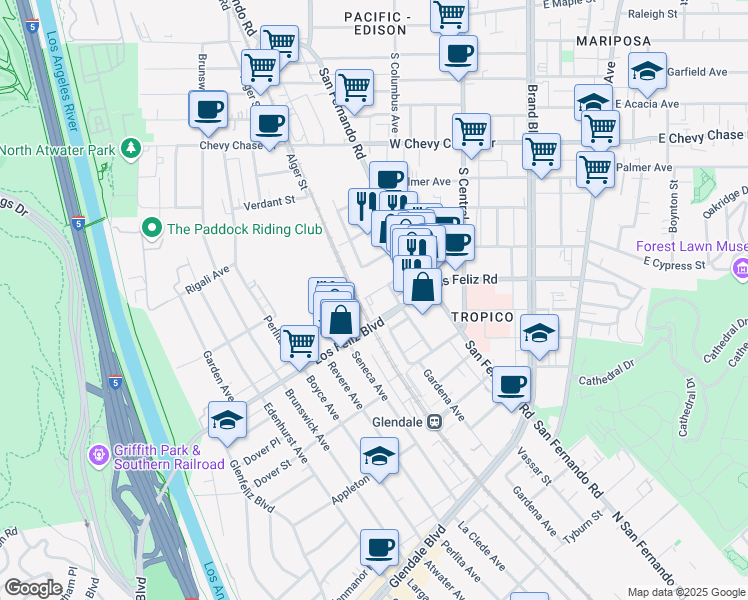 map of restaurants, bars, coffee shops, grocery stores, and more near 450 Fernando Court in Glendale