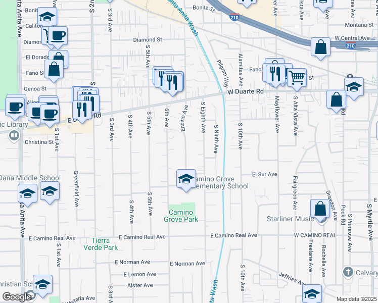 map of restaurants, bars, coffee shops, grocery stores, and more near 1110 Encino Avenue in Arcadia