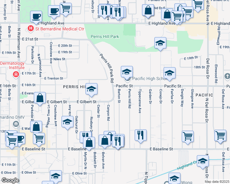 map of restaurants, bars, coffee shops, grocery stores, and more near 6937 Perris Hill Park Road in San Bernardino