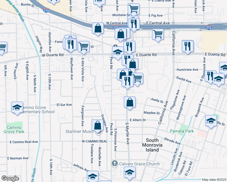 map of restaurants, bars, coffee shops, grocery stores, and more near 106 Bob Street in Monrovia