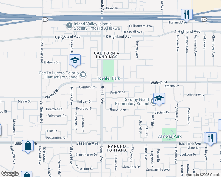 map of restaurants, bars, coffee shops, grocery stores, and more near 6940 Janet Street in Fontana