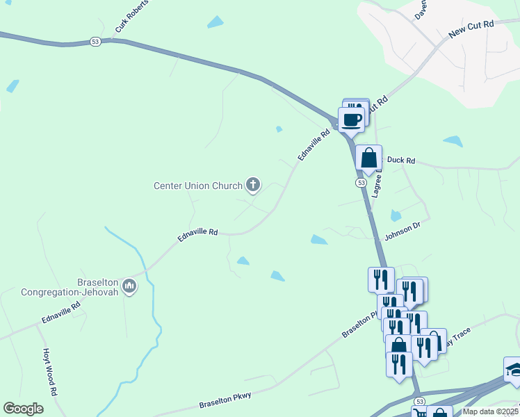 map of restaurants, bars, coffee shops, grocery stores, and more near 49 Ednaville Circle in Braselton