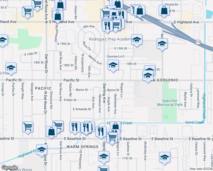 map of restaurants, bars, coffee shops, grocery stores, and more near 6936 Argyle Avenue in San Bernardino