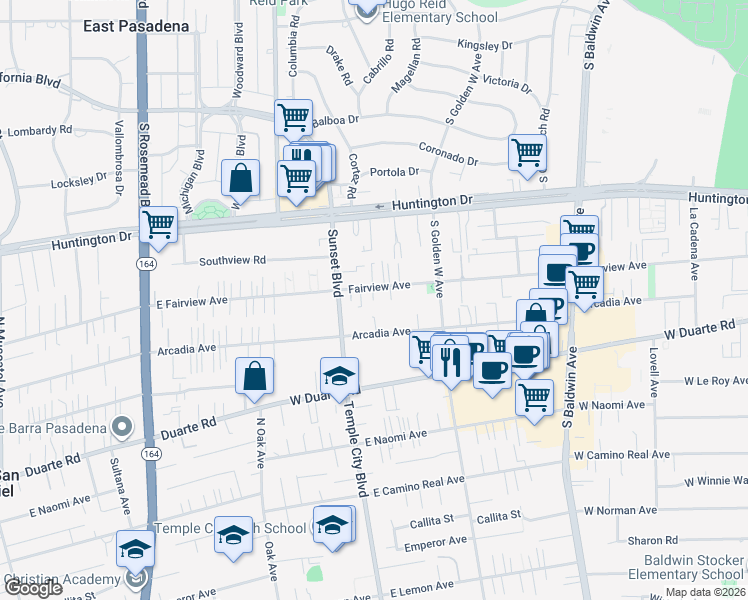 map of restaurants, bars, coffee shops, grocery stores, and more near 1024 Fairview Avenue in Arcadia