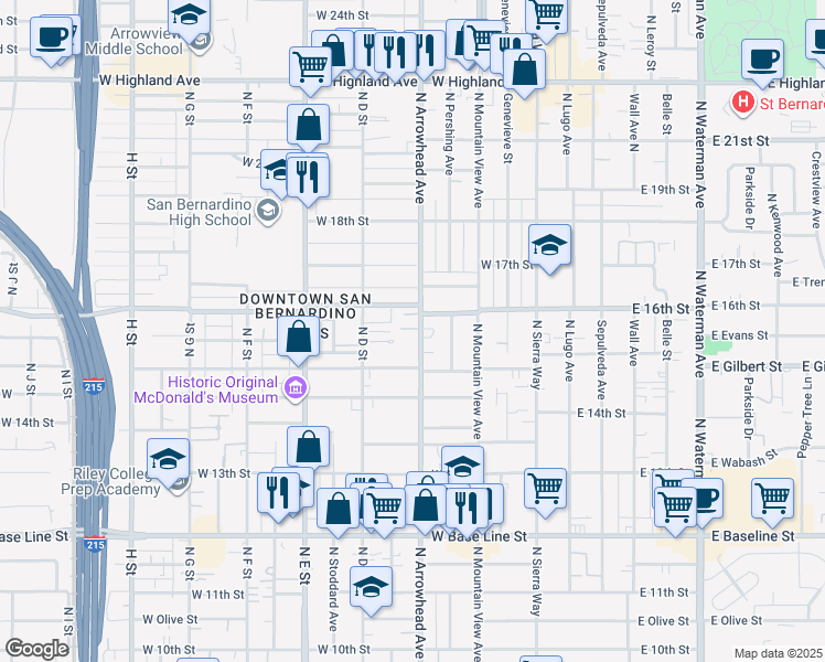 map of restaurants, bars, coffee shops, grocery stores, and more near 1558 North Arrowhead Avenue in San Bernardino