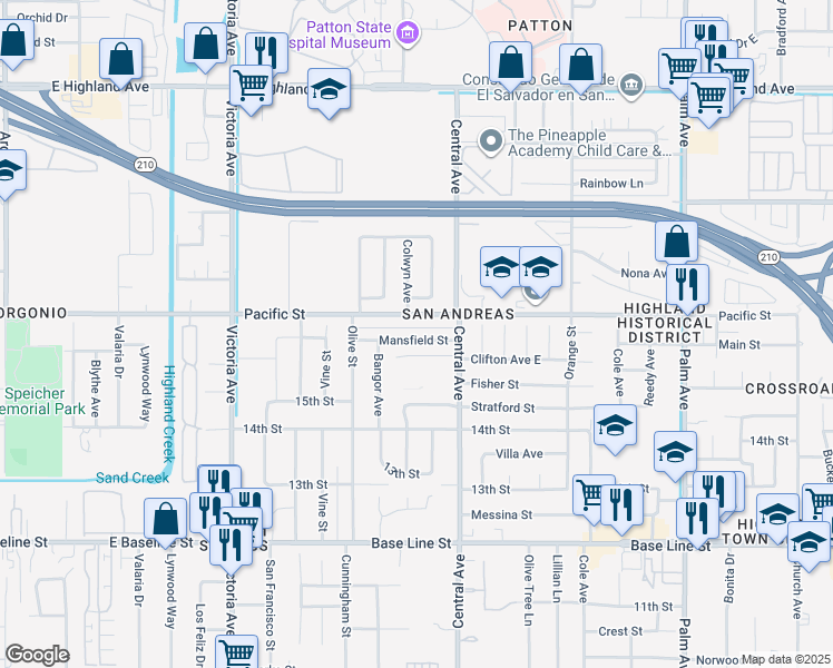 map of restaurants, bars, coffee shops, grocery stores, and more near 26834 Mansfield Street in Highland