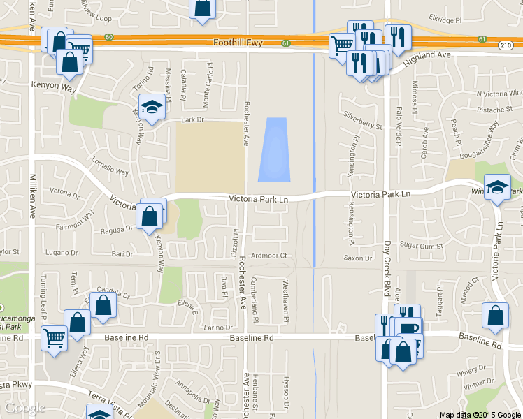 map of restaurants, bars, coffee shops, grocery stores, and more near 6939 Londonderry Ct in Rancho Cucamonga