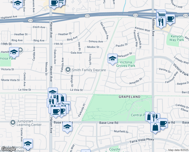 map of restaurants, bars, coffee shops, grocery stores, and more near 6952 Stanislaus Place in Rancho Cucamonga