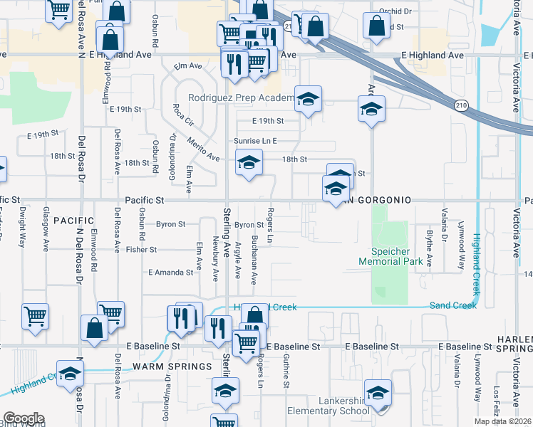 map of restaurants, bars, coffee shops, grocery stores, and more near 6934 Rogers Lane in San Bernardino