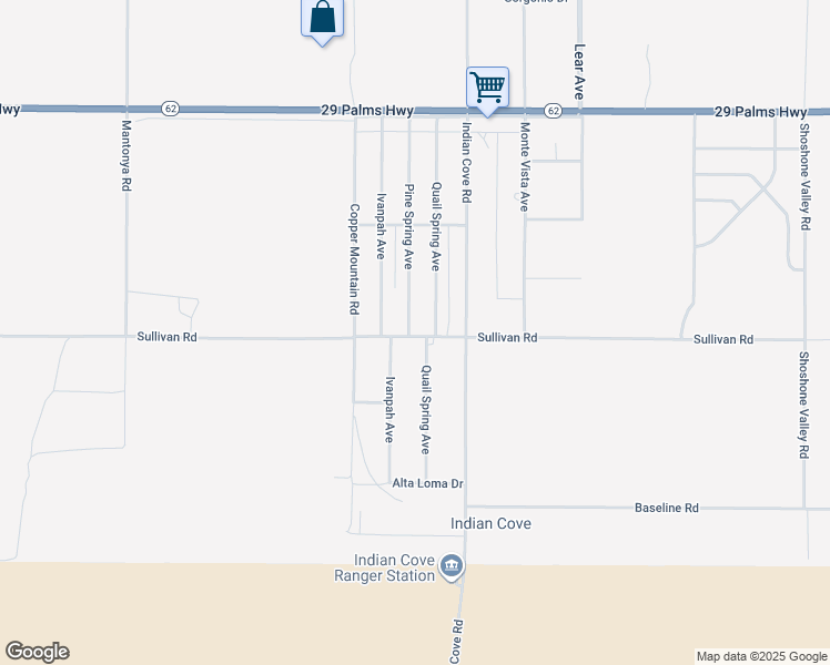 map of restaurants, bars, coffee shops, grocery stores, and more near 69010 Sullivan Road in Twentynine Palms