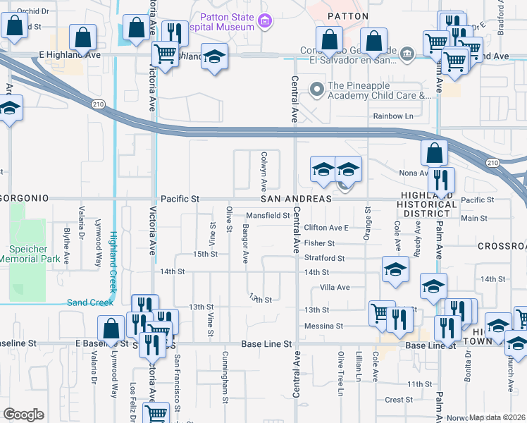 map of restaurants, bars, coffee shops, grocery stores, and more near 26814 Mansfield Street in Highland