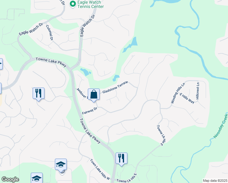 map of restaurants, bars, coffee shops, grocery stores, and more near 3102 Royal Troon in Woodstock