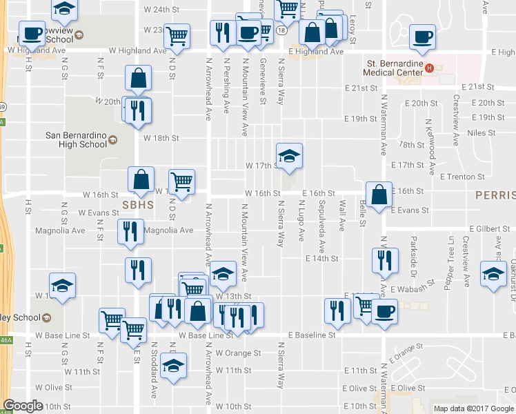 map of restaurants, bars, coffee shops, grocery stores, and more near 1564 Genevieve Street in San Bernardino