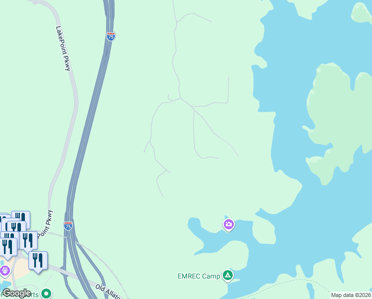 map of restaurants, bars, coffee shops, grocery stores, and more near 18 Ridgewater Drive in Cartersville