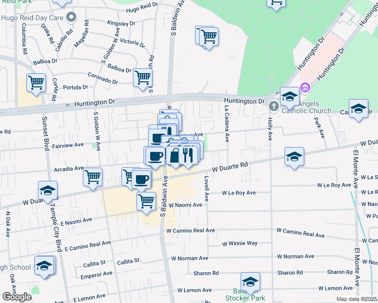map of restaurants, bars, coffee shops, grocery stores, and more near 636 Arcadia Avenue in Arcadia