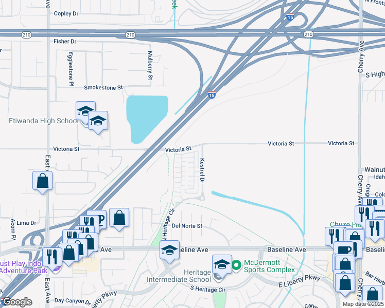 map of restaurants, bars, coffee shops, grocery stores, and more near 13877 Gazania Lane in Fontana