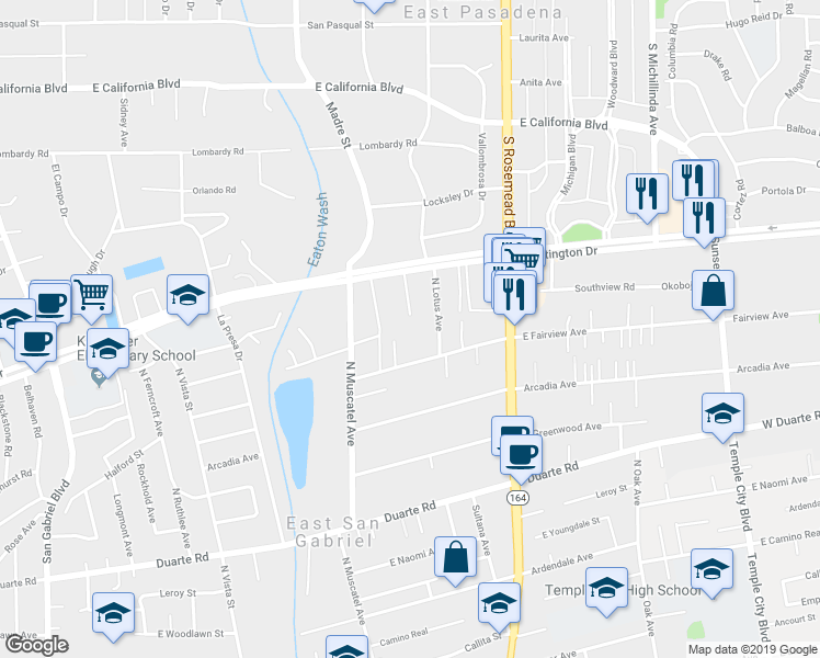 map of restaurants, bars, coffee shops, grocery stores, and more near 8821 1/2 East Fairview Avenue in San Gabriel