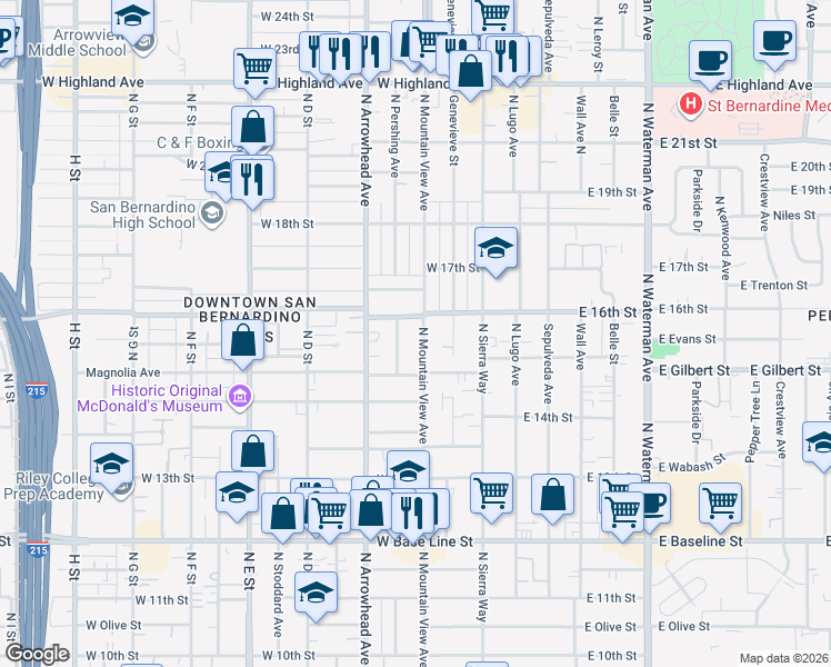 map of restaurants, bars, coffee shops, grocery stores, and more near 1576 North Mountain View Avenue in San Bernardino