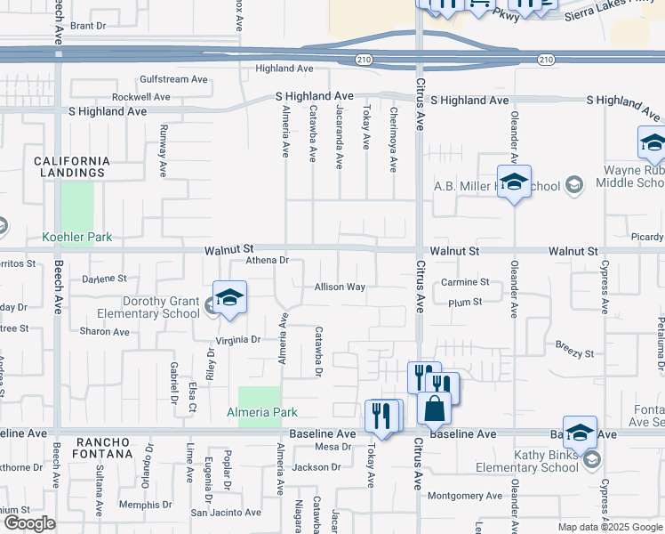 map of restaurants, bars, coffee shops, grocery stores, and more near 6940 Tahoe Way in Fontana